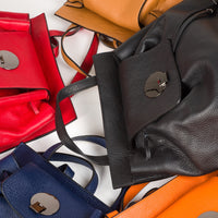 Italian leather drawstring top backpacks tan orange red black navy