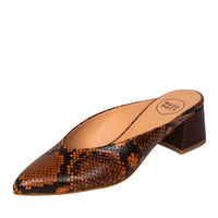 Italian leather brown snakeskin mule with low block heel in metallic brown