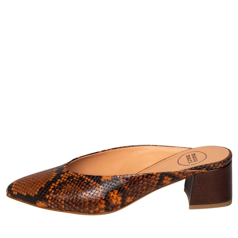 Italian leather brown snakeskin mule with low block heel in metallic brown