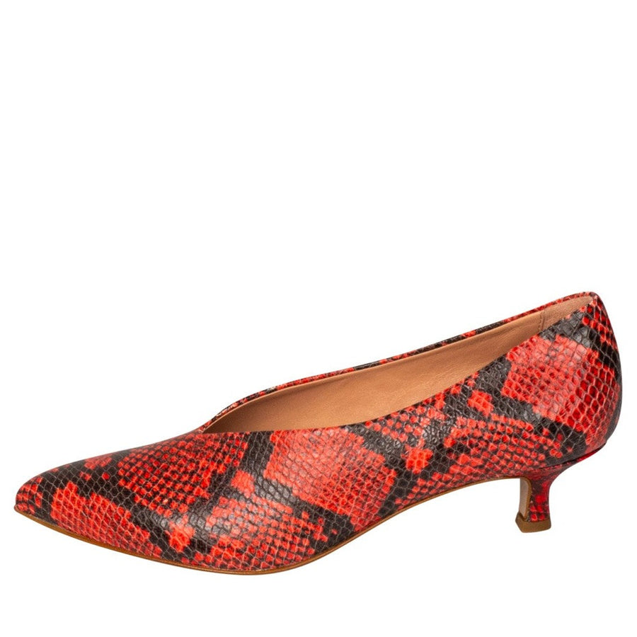 Italian leather red snakeskin kitten heel pumps with pointed toe and deep V cut