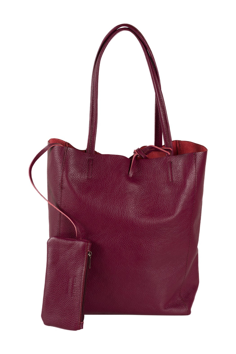 Italian leather shopper tote bag tie top bordeaux with attached internal wallet pouch