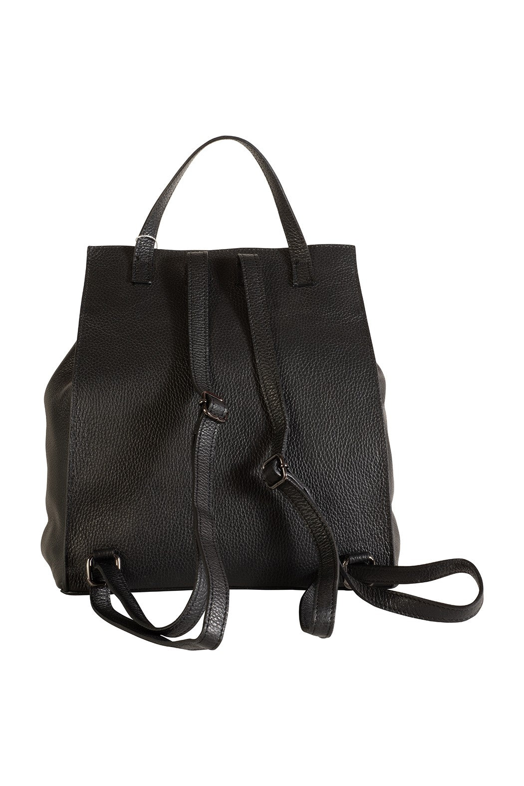 Black Italian leather drawstring top backpack back view