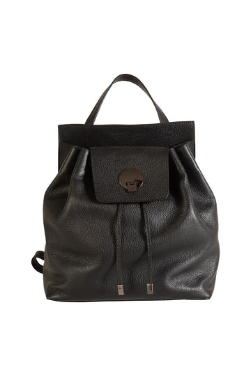 Black Italian leather drawstring top backpack