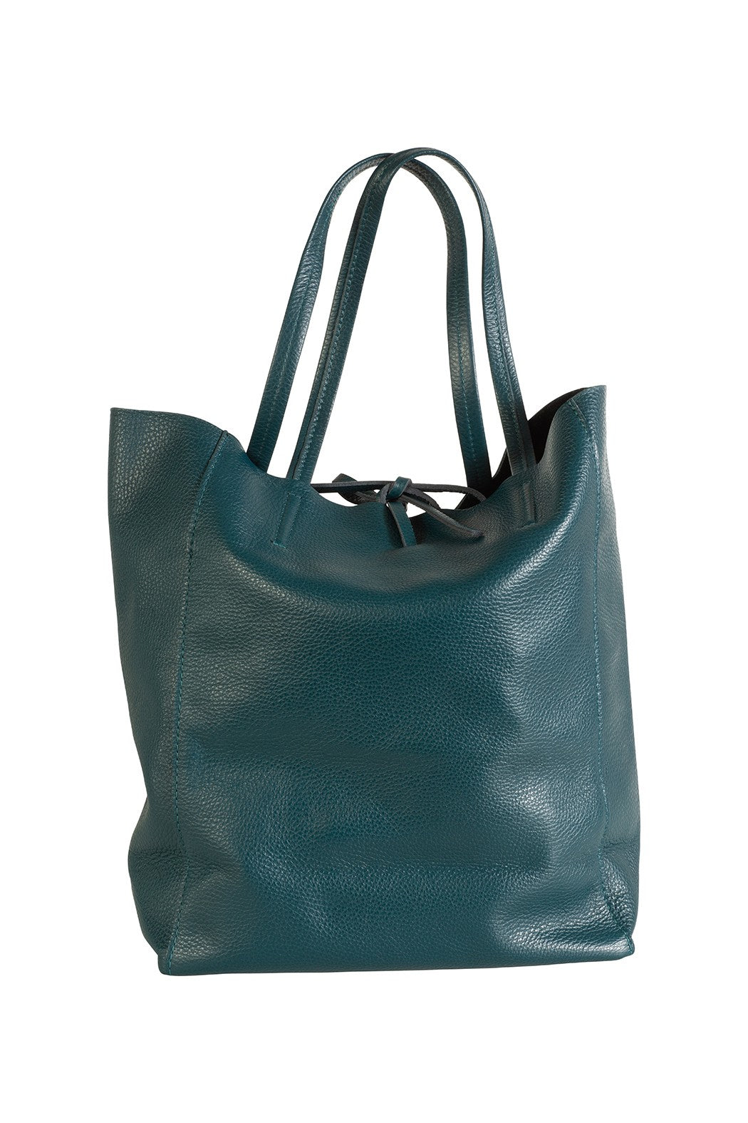 Italian leather shopper tote bag tie top teal