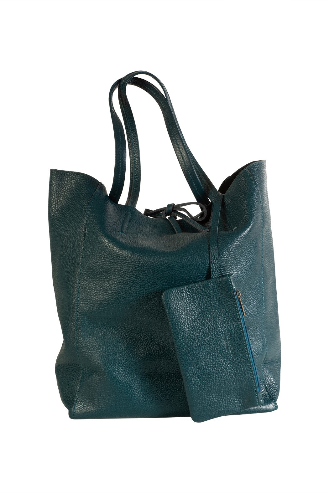 Italian leather shopper tote bag tie top teal with attached internal wallet pouch