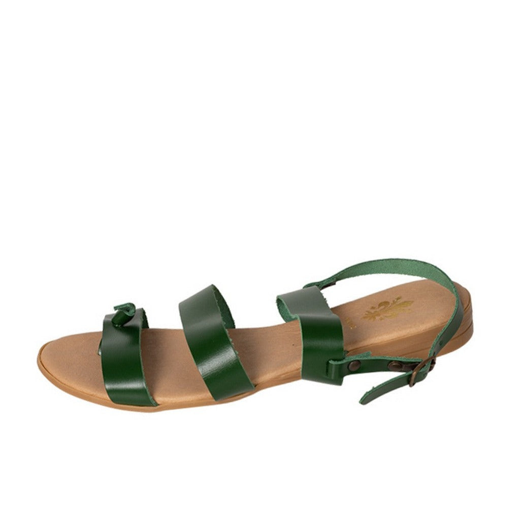bottle green leather three strap casual sandal 