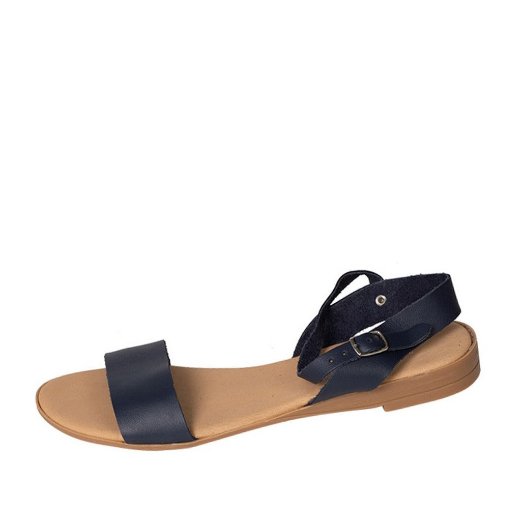 Italian leather navy casual flat sandal with ankle strap 