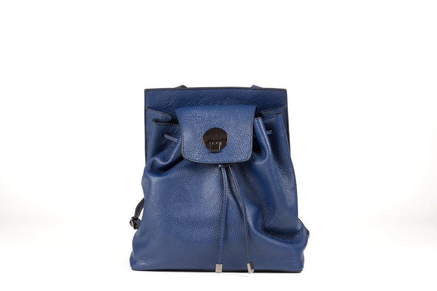 italian leather navy drawstring backpack front view